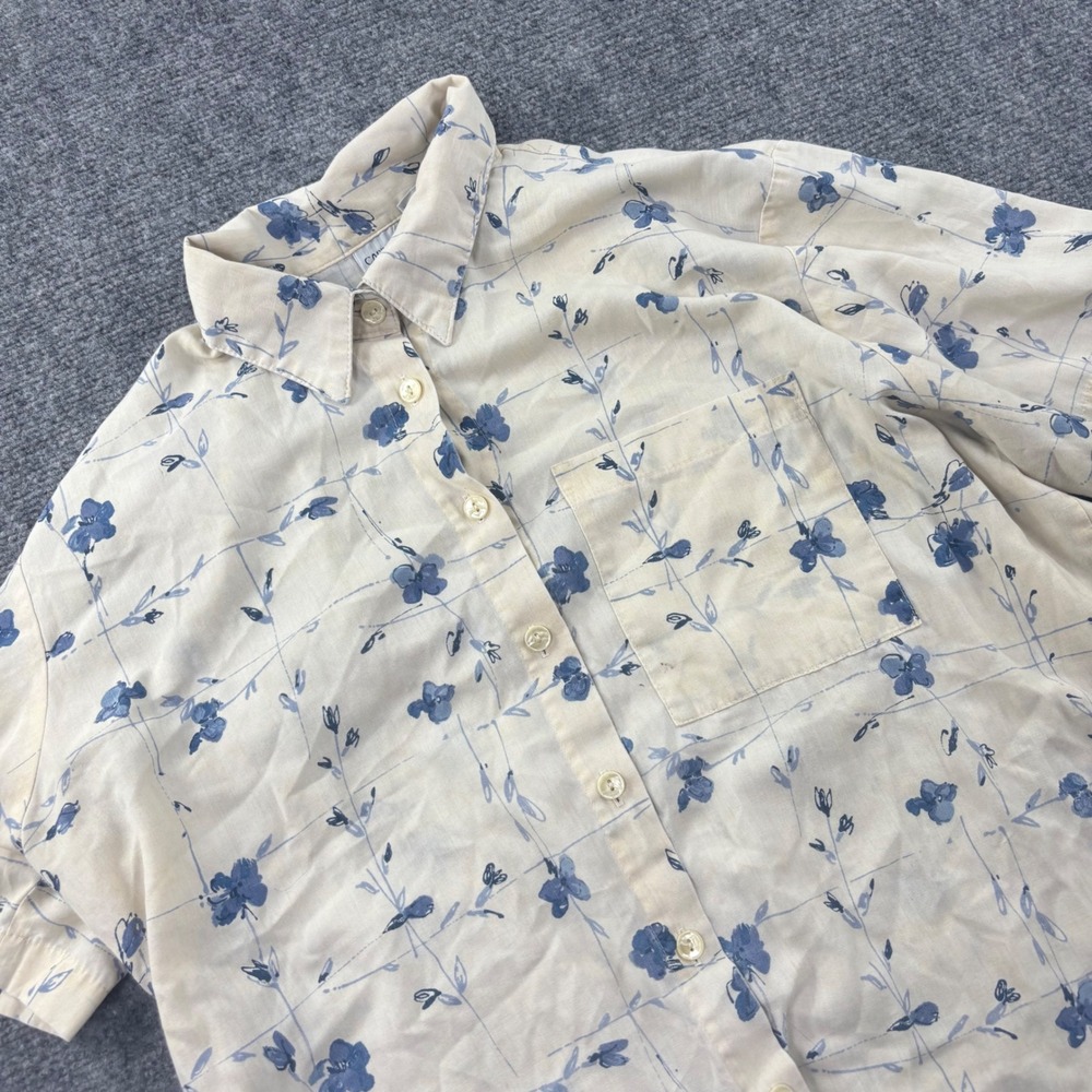 Cabin Creek Button Down Shirt Petite Large Cream Blue Floral Vintage Mens